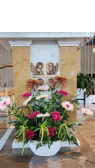 Pink-centered White Gerbera Daisies, Spider Mums, Veronica, Green Amaranthus, Baby Blue Eucalyptus & Leatherleaf Fern